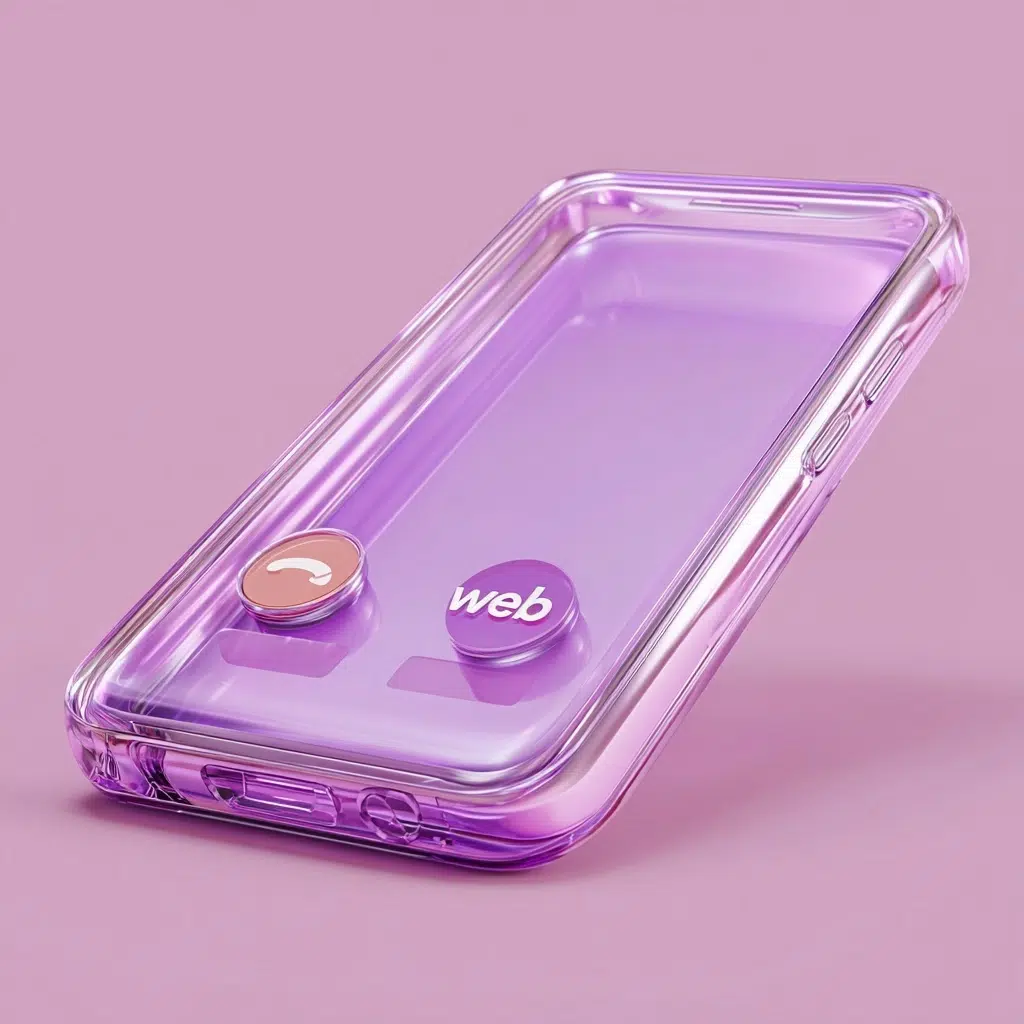 Contacter Naturelweb - smartphone violet stylisé avec bouton web et icône d'appel pour joindre une webmaster WordPress