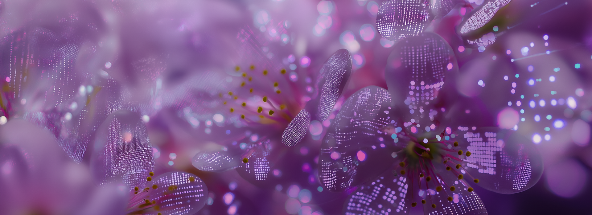 Naturelweb -Fleurs digitales aux pétales de pixels violets Jardin numérique Naturelweb-fleurs violettes aux pétales texturés de pixels lumineux, symbole de création web créative et naturelle